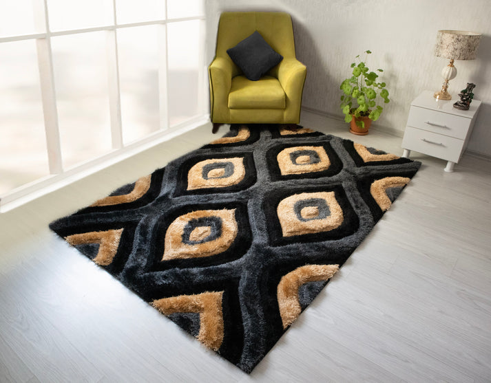 Colibri Shaggy 3D Gold Black Area Rug 151