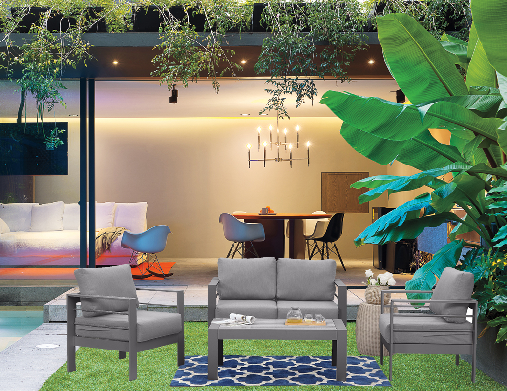 Staffora 4 Piece All Weather Aluminum Sofa Seating Group with Cushions and Coffee Table - Blue