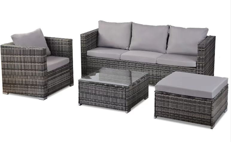 Gray Waved 4 Piece Outdoor Sofa Set with Tempered Glass Table Top