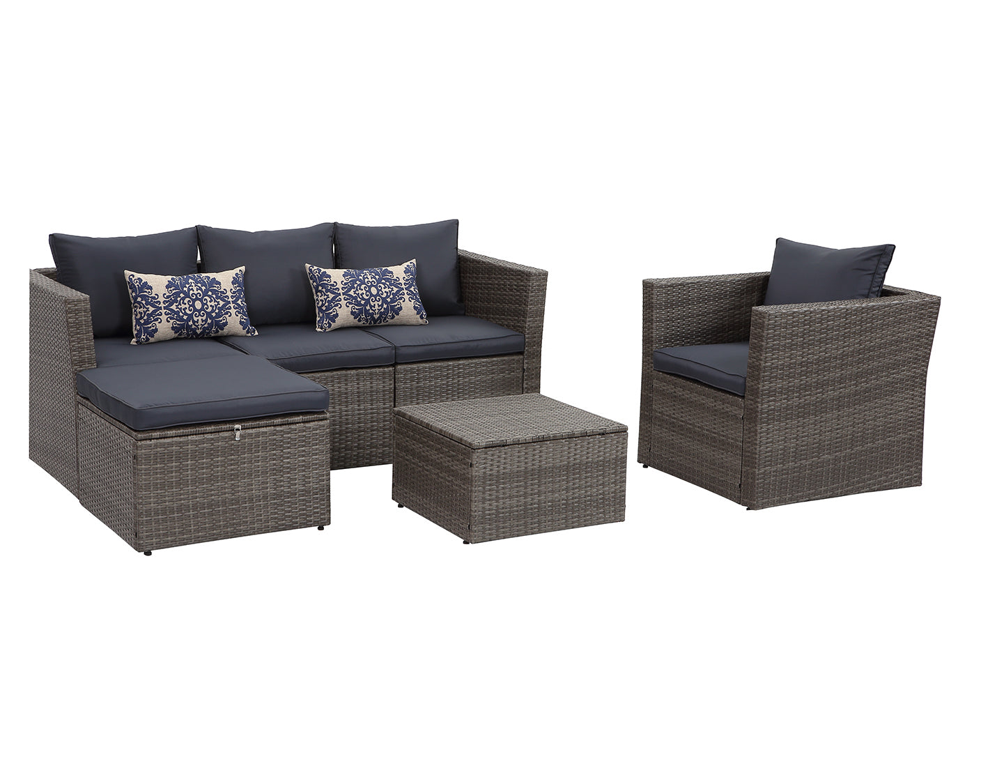 Brisk 6 Piece All Weather Wicker Sofa Seating Group with Cushions, Ottoman With Storage and Coffee Table
