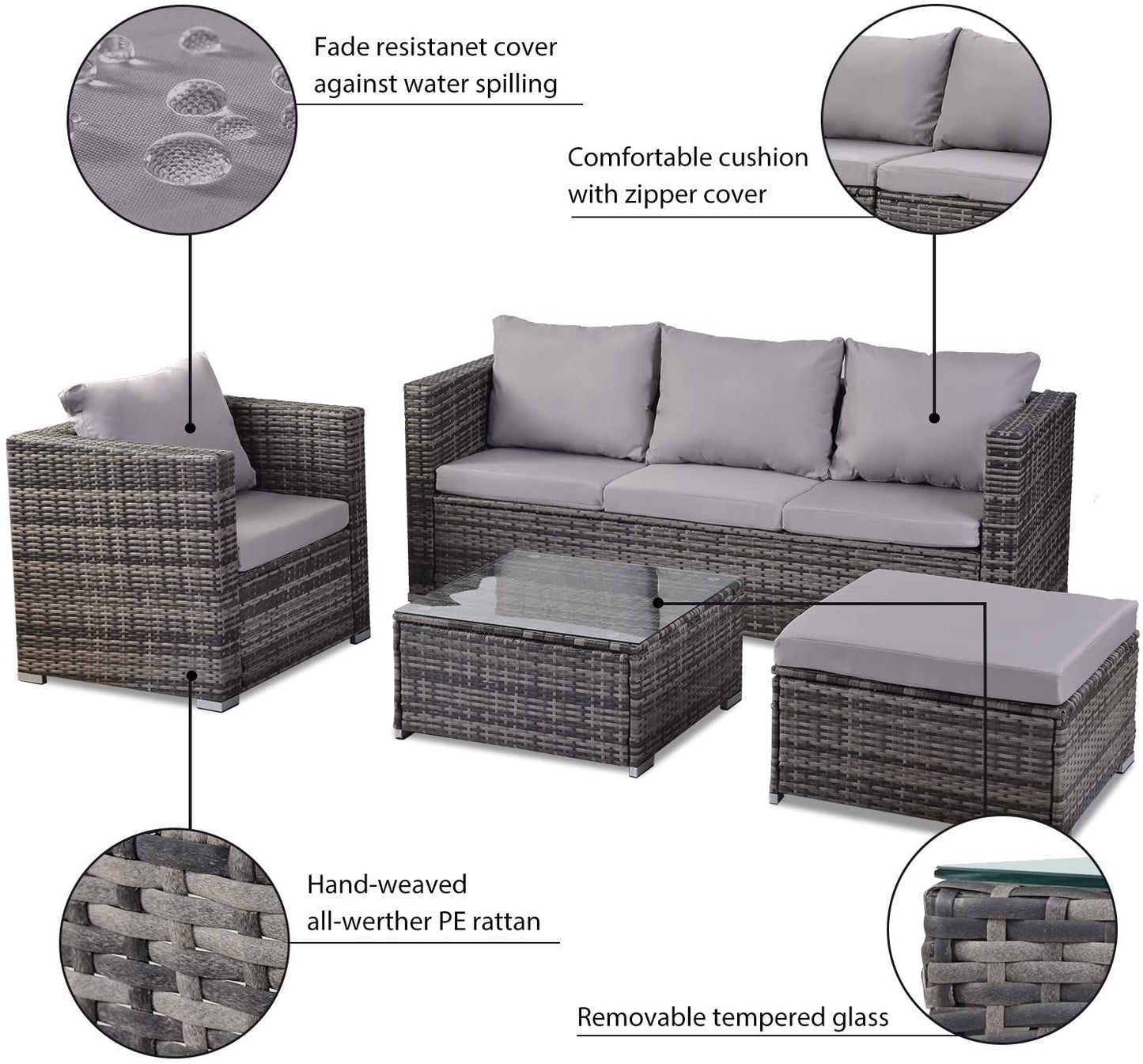 Gray Waved 4 Piece Outdoor Sofa Set with Tempered Glass Table Top
